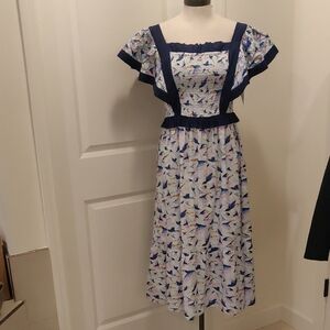 New! Brixton Navy and White Bird Midi Dress